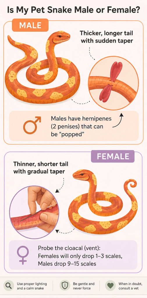 Infographic illustrating how to tell the sex of snakes